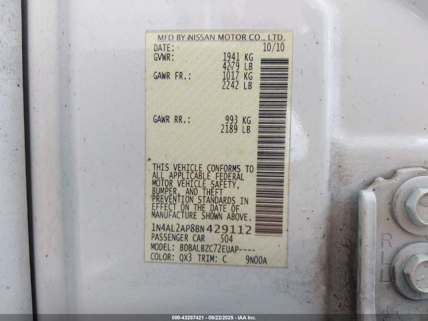 2011 Nissan Altima 2.5 S VIN: 1N4AL2AP8BN429112 Lot: 43287421