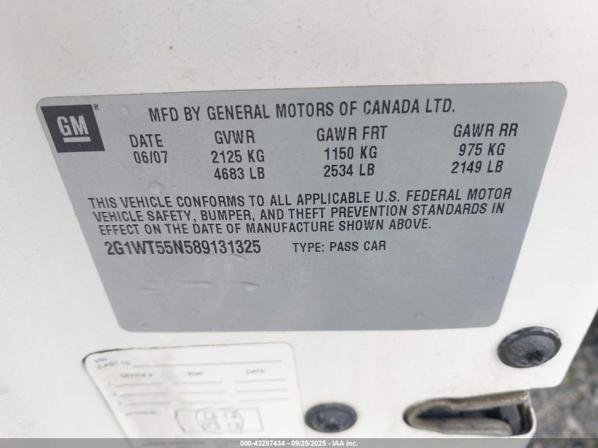 2008 Chevrolet Impala Lt VIN: 2G1WT55N589131325 Lot: 43287434