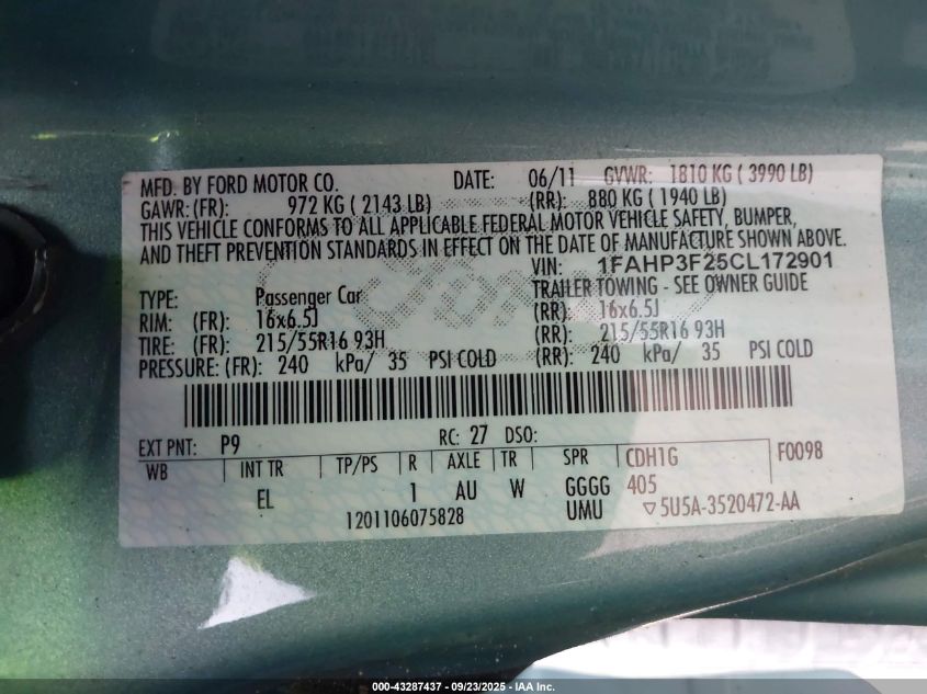 2012 Ford Focus Se VIN: 1FAHP3F25CL172901 Lot: 43287437