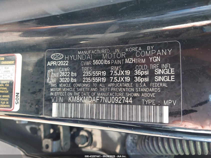 2022 Hyundai Ioniq 5 Se VIN: KM8KMDAF7NU092744 Lot: 43287441