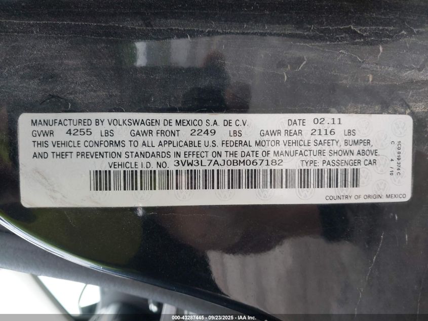 2011 Volkswagen Jetta 2.0L Tdi VIN: 3VW3L7AJ0BM067182 Lot: 43287445