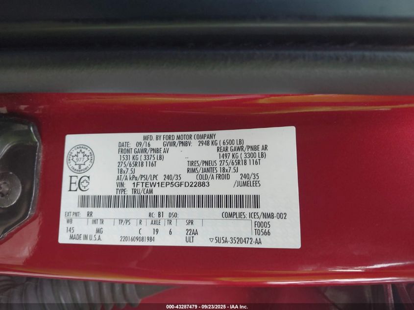 2016 Ford F-150 Xlt VIN: 1FTEW1EP5GFD22883 Lot: 43287479