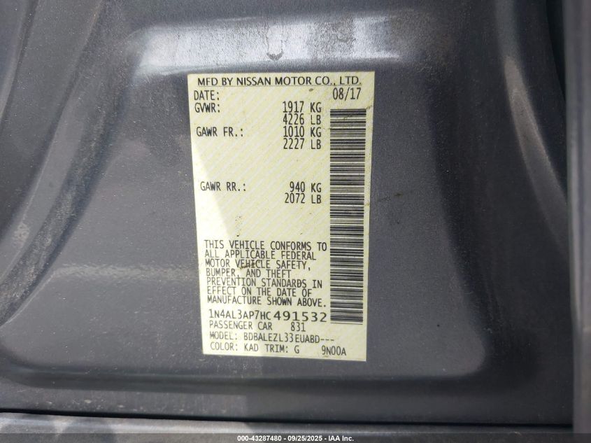 2017 Nissan Altima 2.5 S VIN: 1N4AL3AP7HC491532 Lot: 43287480