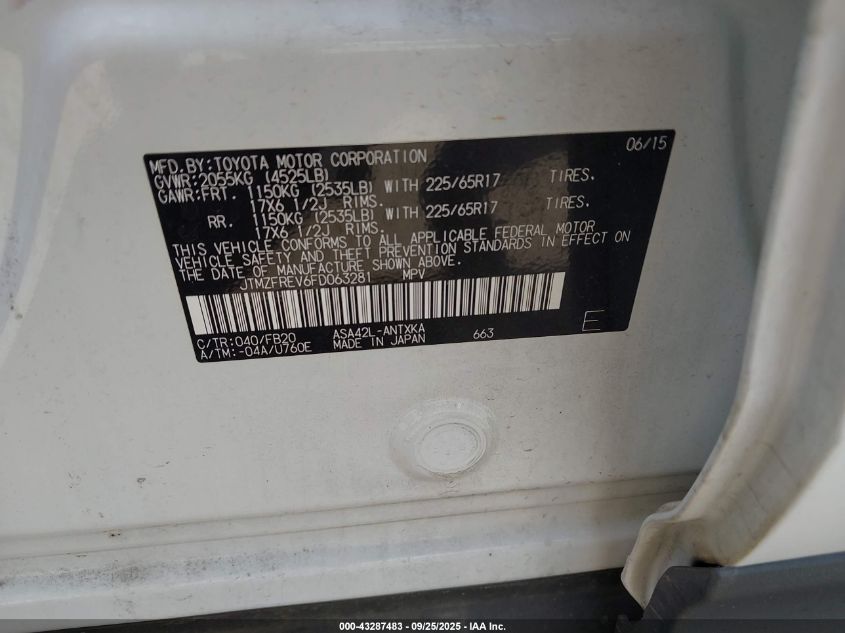 2015 Toyota Rav4 Le VIN: JTMZFREV6FD063281 Lot: 43287483