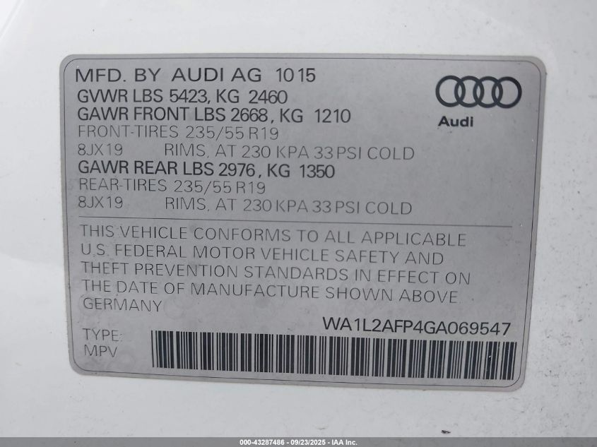 2016 Audi Q5 2.0T Premium VIN: WA1L2AFP4GA069547 Lot: 43287486
