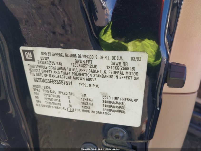 2003 Buick Rendezvous Cxl VIN: 3G5DA03E63S587511 Lot: 43287494