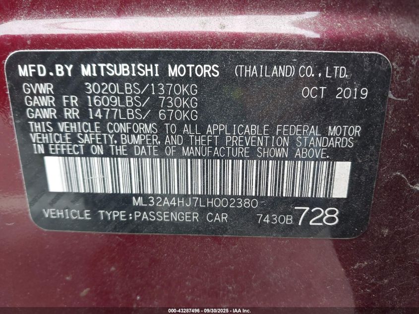 2020 Mitsubishi Mirage Se VIN: ML32A4HJ7LH002380 Lot: 43287496