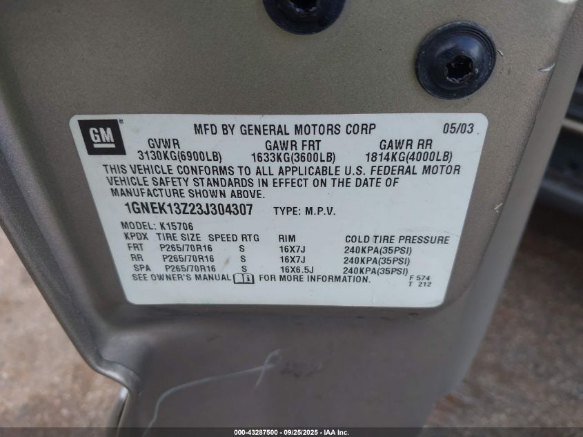 2003 Chevrolet Tahoe Lt VIN: 1GNEK13Z23J304307 Lot: 43287500