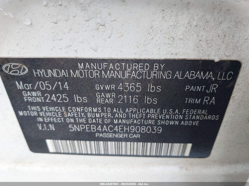2014 Hyundai Sonata Gls VIN: 5NPEB4AC4EH908039 Lot: 43287501