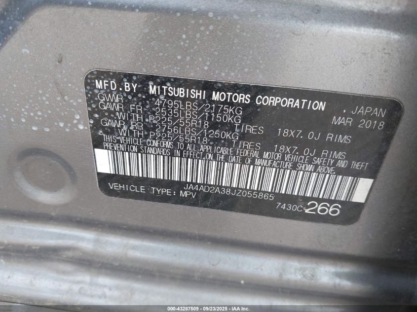 2018 Mitsubishi Outlander Es VIN: JA4AD2A38JZ055865 Lot: 43287509