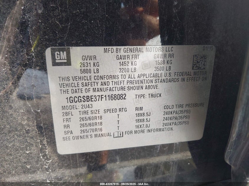 2015 CHEVROLET COLORADO LT - 1GCGSBE37F1168082