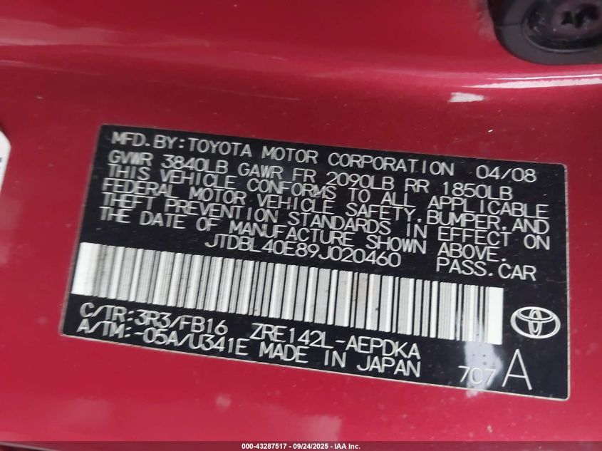 2009 Toyota Corolla Le VIN: JTDBL40E89J020460 Lot: 43287517