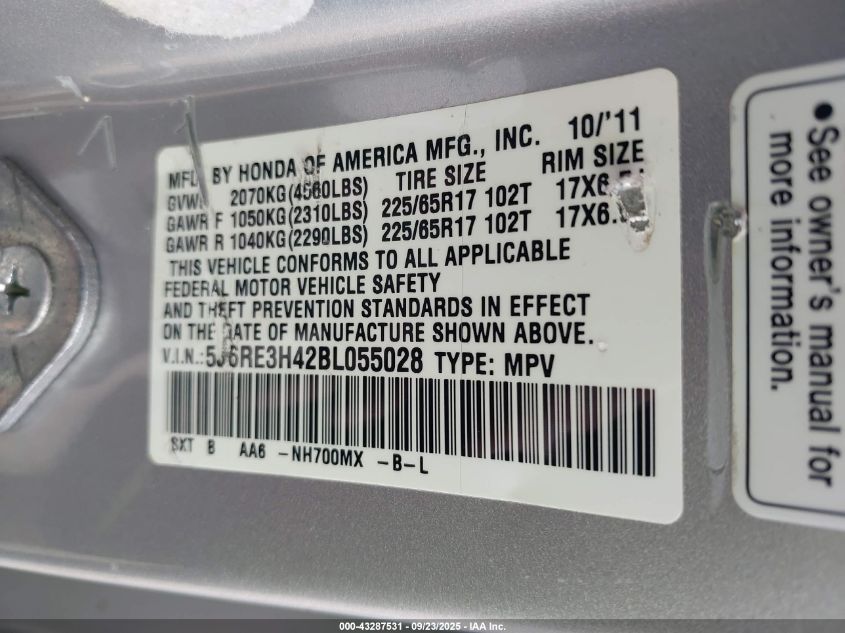 2011 Honda Cr-V Se VIN: 5J6RE3H42BL055028 Lot: 43287531