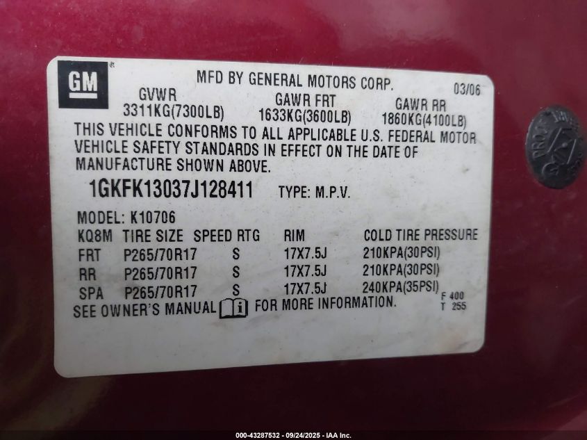 2007 GMC Yukon Commercial Fleet VIN: 1GKFK13037J128411 Lot: 43287532