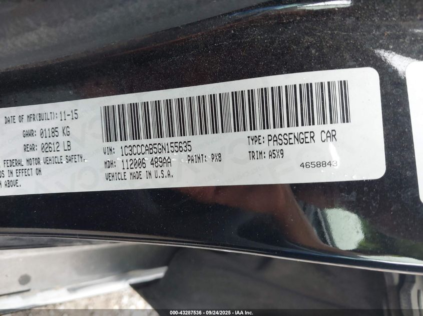 2016 Chrysler 200 Limited VIN: 1C3CCCAB5GN155635 Lot: 43287536