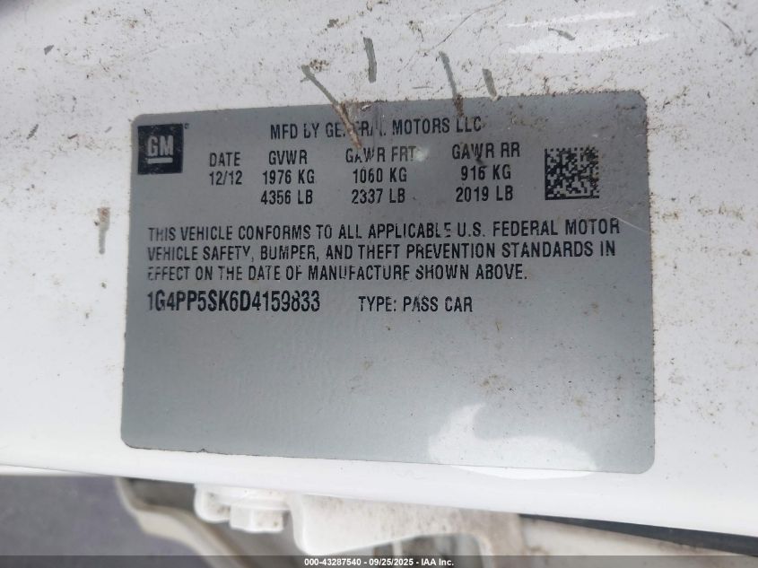 2013 Buick Verano VIN: 1G4PP5SK6D4159833 Lot: 43287540