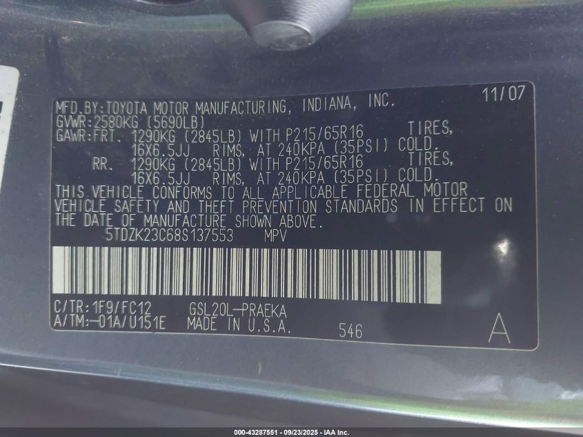 2008 Toyota Sienna Le VIN: 5TDZK23C68S137553 Lot: 43287551