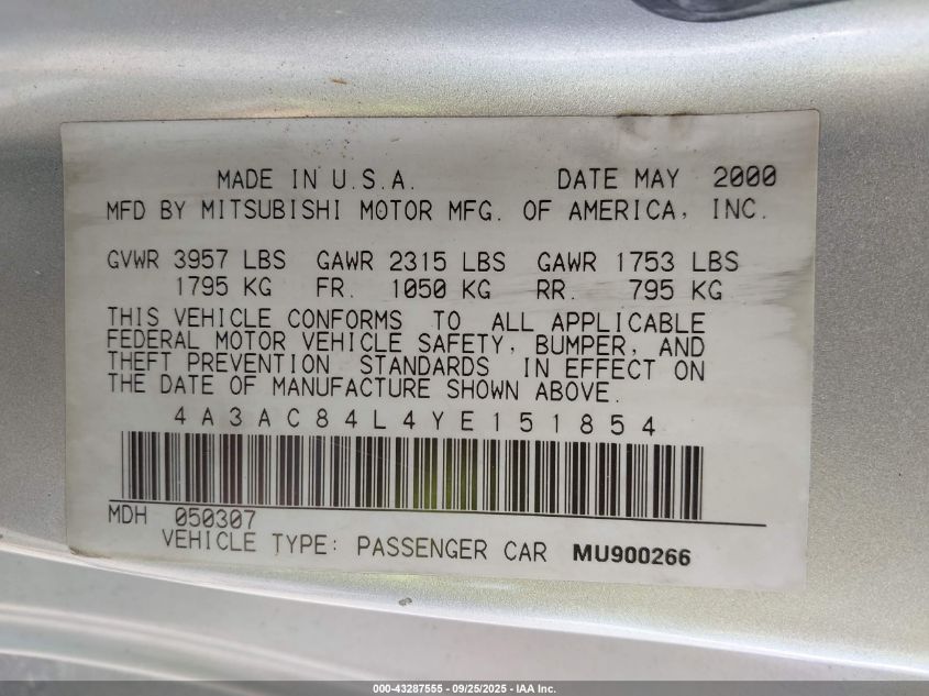 2000 Mitsubishi Eclipse Gt VIN: 4A3AC84L4YE151854 Lot: 43287555