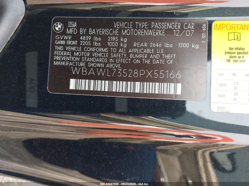 2008 BMW 335I VIN: WBAWL73528PX55166 Lot: 43287556