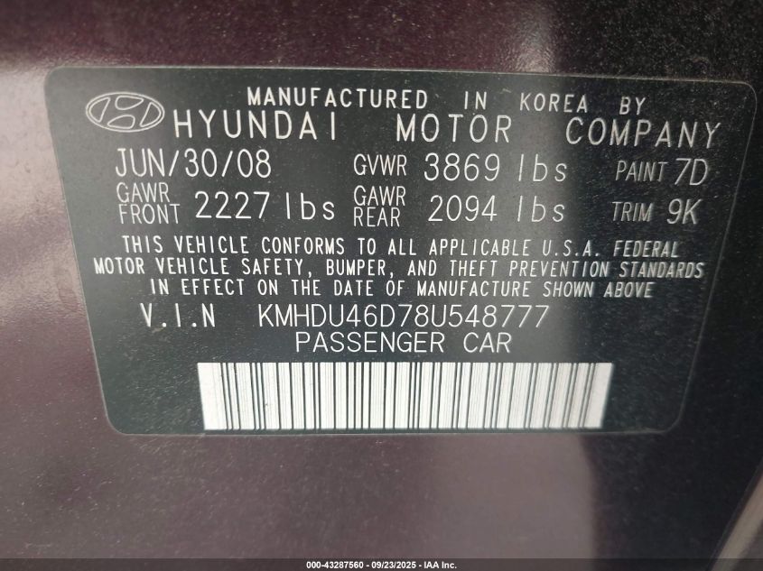2008 Hyundai Elantra Gls/Se VIN: KMHDU46D78U548777 Lot: 43287560