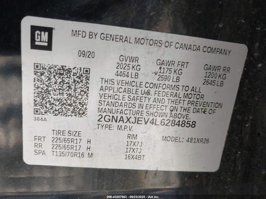 2020 Chevrolet Equinox Fwd 2Fl VIN: 2GNAXJEV4L6284858 Lot: 43287563