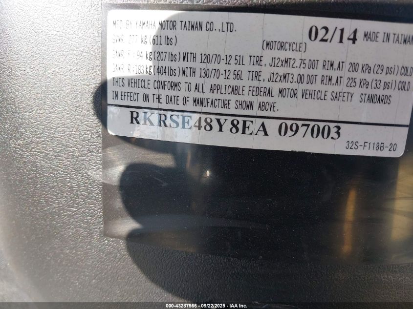 2014 Yamaha Yw125 VIN: RKRSE48Y8EA097003 Lot: 43287566