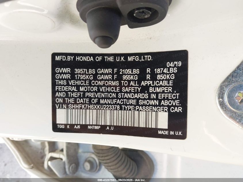 2019 Honda Civic Ex VIN: SHHFK7H6XKU223378 Lot: 43287583