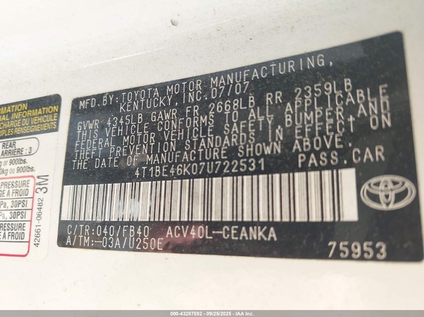 2007 Toyota Camry Ce VIN: 4T1BE46K07U722531 Lot: 43287592