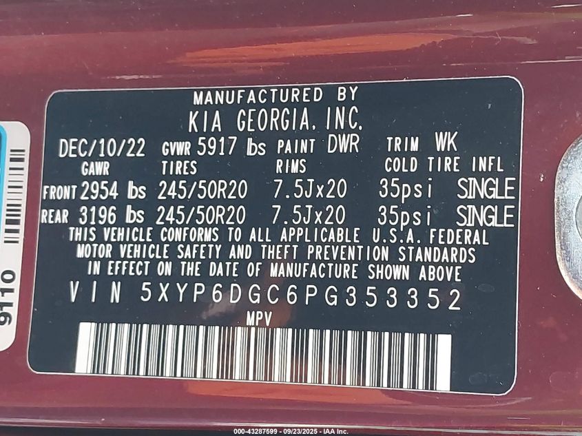 2023 Kia Telluride S VIN: 5XYP6DGC6PG353352 Lot: 43287599