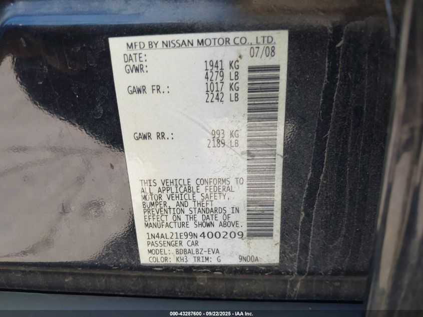 2009 Nissan Altima 2.5 S VIN: 1N4AL21E99N400209 Lot: 43287600