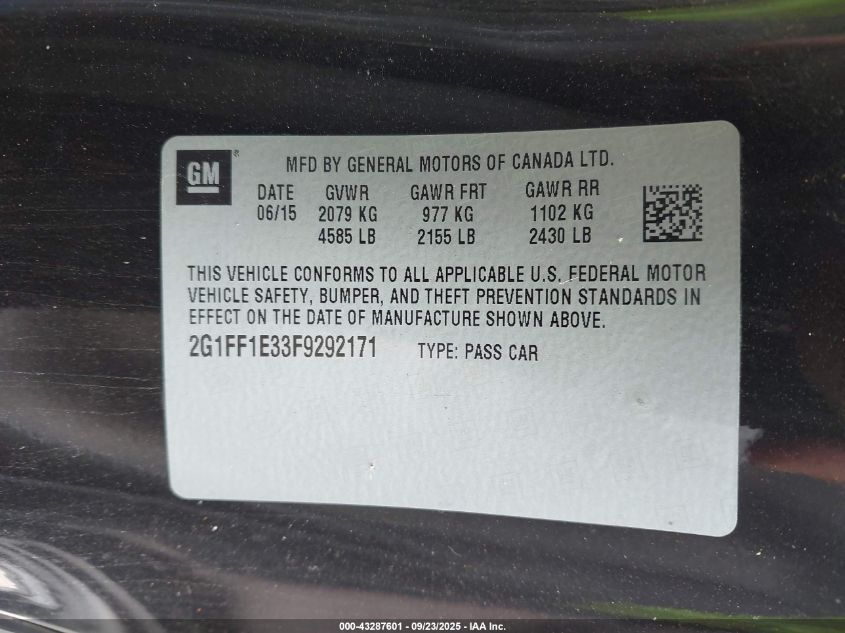 2015 Chevrolet Camaro 2Lt VIN: 2G1FF1E33F9292171 Lot: 43287601
