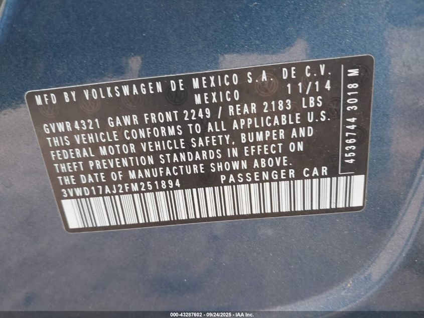 2015 Volkswagen Jetta 1.8T Se VIN: 3VWD17AJ2FM251894 Lot: 43287602