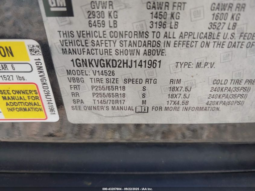 2017 Chevrolet Traverse 1Lt VIN: 1GNKVGKD2HJ141961 Lot: 43287604