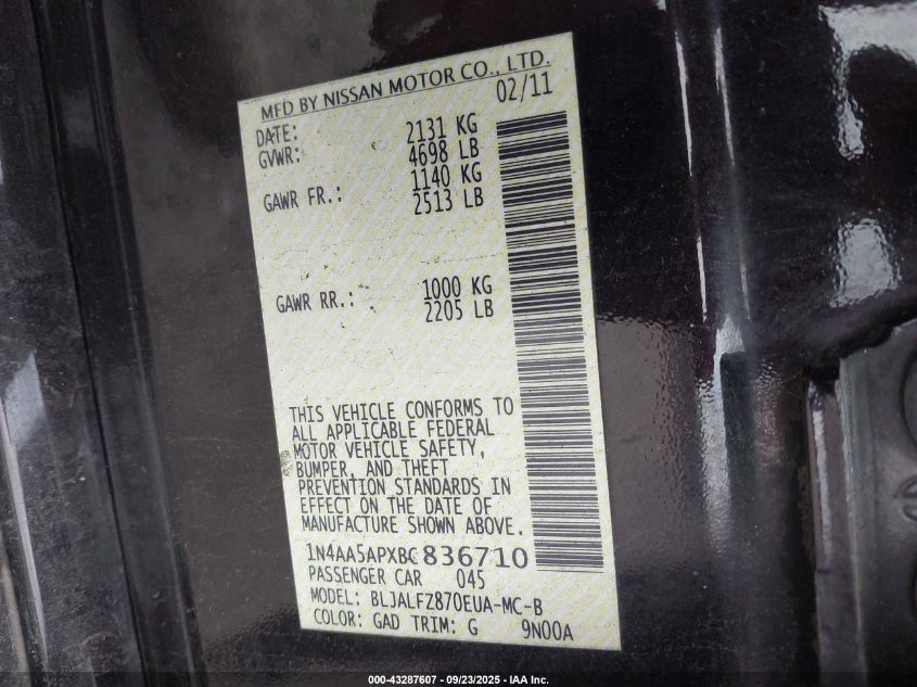 2011 Nissan Maxima S/Sv VIN: 1N4AA5APXBC836710 Lot: 43287607