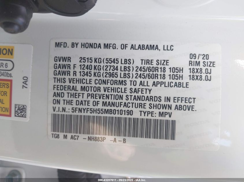 2021 Honda Pilot 2Wd Ex-L VIN: 5FNYF5H55MB010190 Lot: 43287611