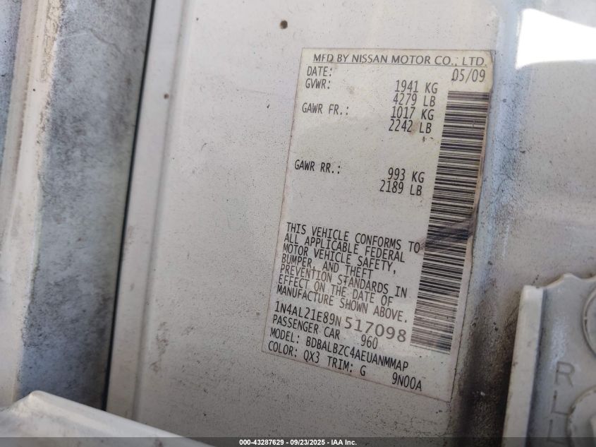 2009 Nissan Altima 2.5 S VIN: 1N4AL21E89N517098 Lot: 43287629