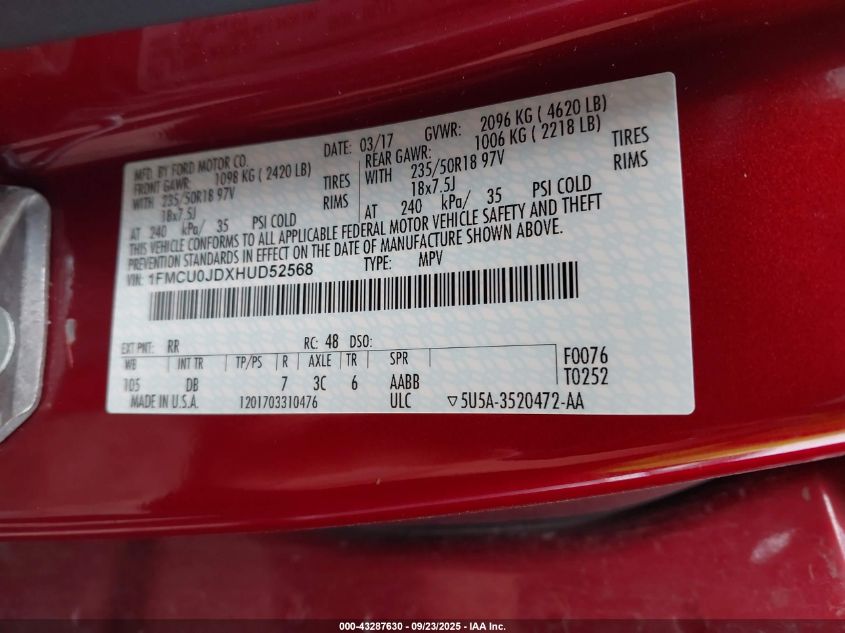 2017 Ford Escape Titanium VIN: 1FMCU0JDXHUD52568 Lot: 43287630