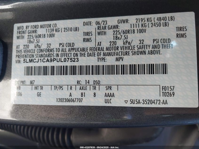 2023 Lincoln Corsair Standard VIN: 5LMCJ1CA9PUL07523 Lot: 43287639
