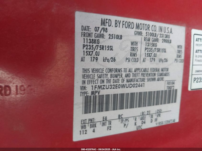 1998 Ford Explorer Eddie Bauer/Limited/Xl/Xlt VIN: 1FMZU32E0WUD02441 Lot: 43287643