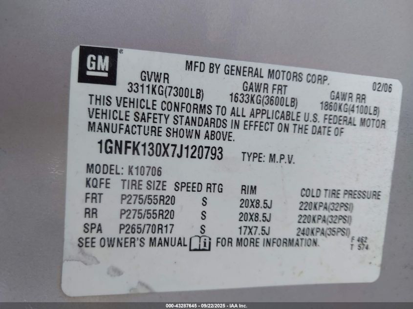 2007 Chevrolet Tahoe Lt VIN: 1GNFK130X7J120793 Lot: 43287645