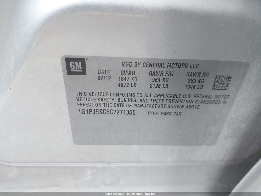 2012 Chevrolet Cruze Eco VIN: 1G1PJ5SC6C7271360 Lot: 43287648