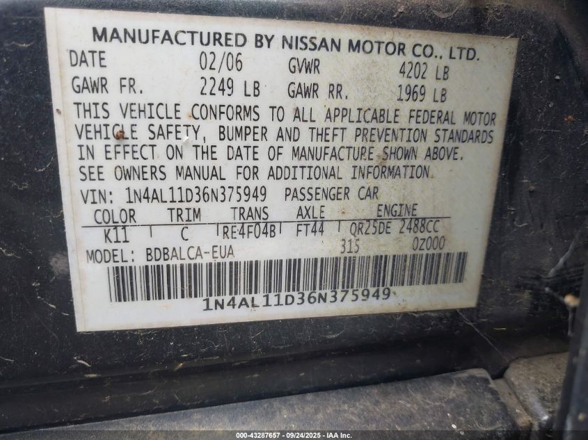 2006 Nissan Altima 2.5 S VIN: 1N4AL11D36N375949 Lot: 43287657