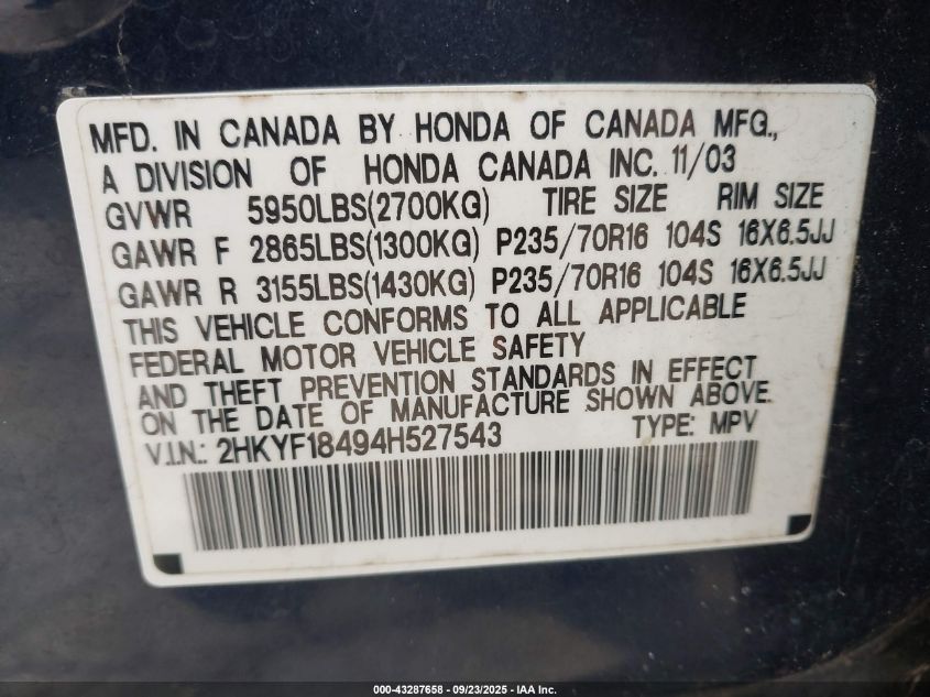 2004 Honda Pilot Ex VIN: 2HKYF18494H527543 Lot: 43287658