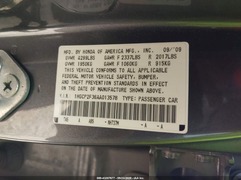 2010 Honda Accord 2.4 Lx VIN: 1HGCP2F36AA013578 Lot: 43287677