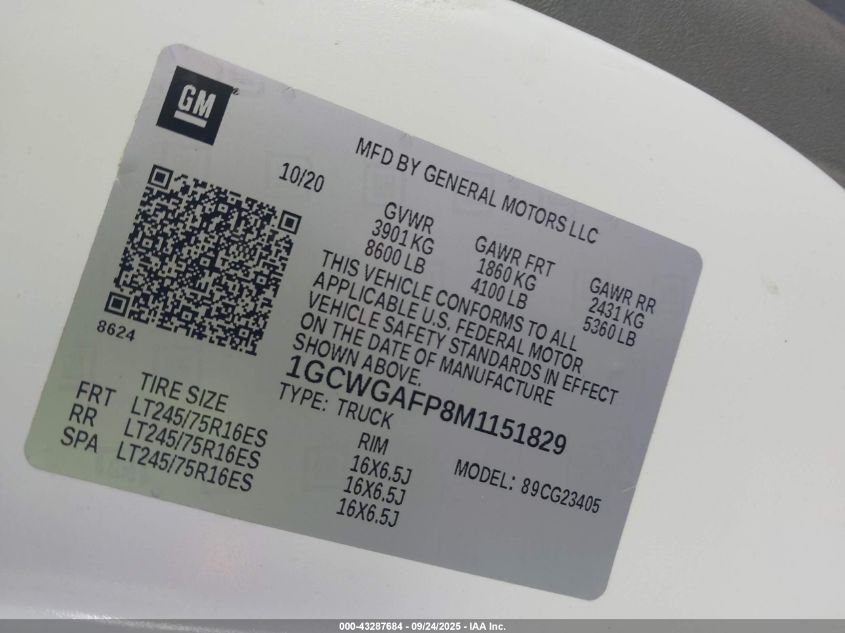 2021 Chevrolet Express Cargo Rwd 2500 Regular Wheelbase Wt VIN: 1GCWGAFP8M1151829 Lot: 43287684