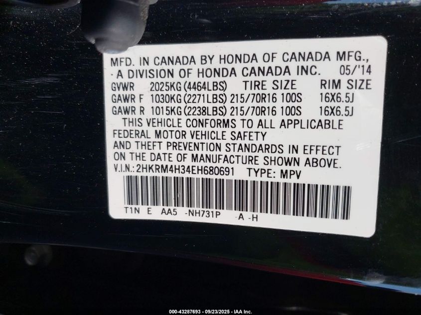 2014 Honda Cr-V Lx VIN: 2HKRM4H34EH680691 Lot: 43287693