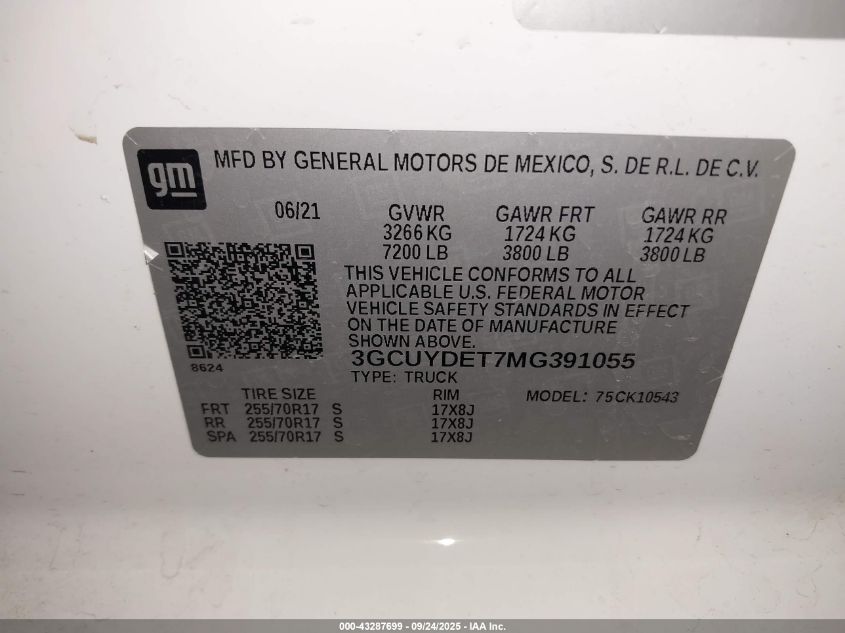 2021 Chevrolet Silverado 1500 4Wd Short Bed Lt VIN: 3GCUYDET7MG391055 Lot: 43287699