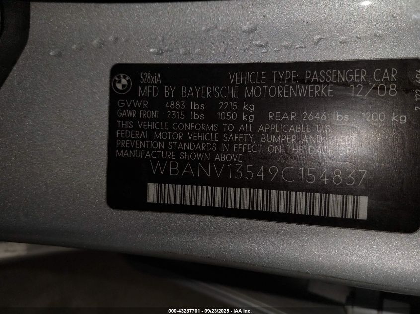 2009 BMW 528I xDrive VIN: WBANV13549C154837 Lot: 43287701