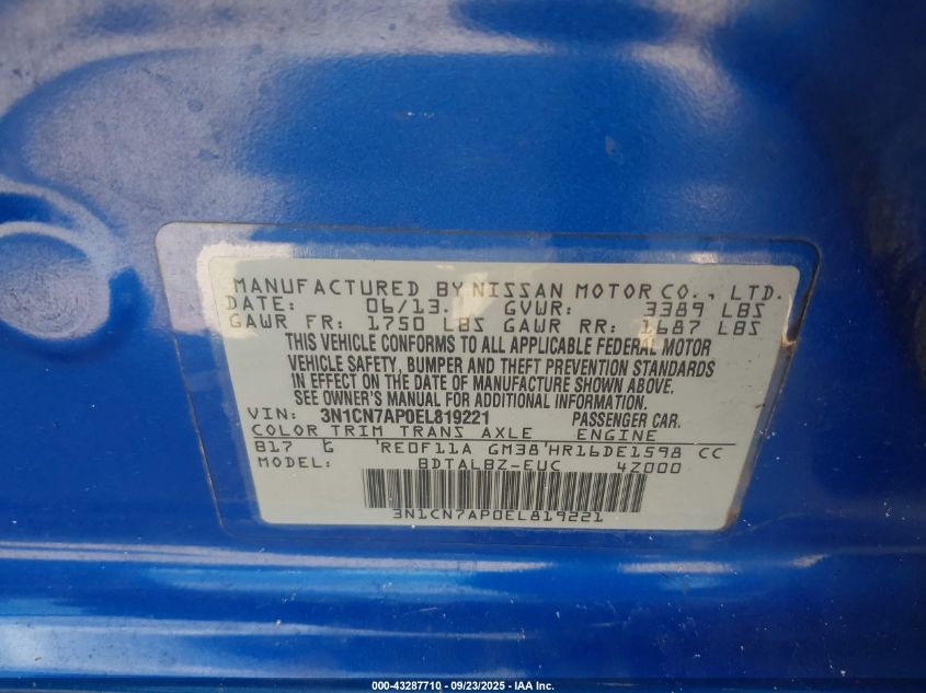 2014 Nissan Versa 1.6 Sv VIN: 3N1CN7AP0EL819221 Lot: 43287710