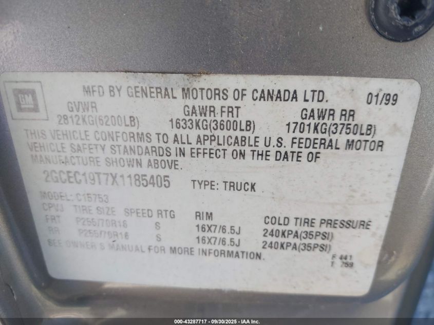 1999 Chevrolet Silverado 1500 Ls VIN: 2GCEC19T7X1185405 Lot: 43287717